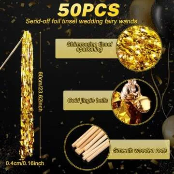 Motionchic 50 Pcs Wedding Fairy Wands with Bells Foil Tinsel Ribbon Stick Wands Tinsel Party Streamers with Bell Glittery Bridal Wedding Send Off Ideas Activities Holiday Celebration Favor(Gold)