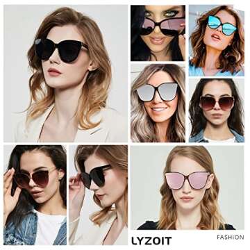 LYZOIT Oversized Cat Eye Sunglasses for Women Big Large Cateye Frame Shades 2 Pack Fashion Vintage Sun glasses Black Clear Brown