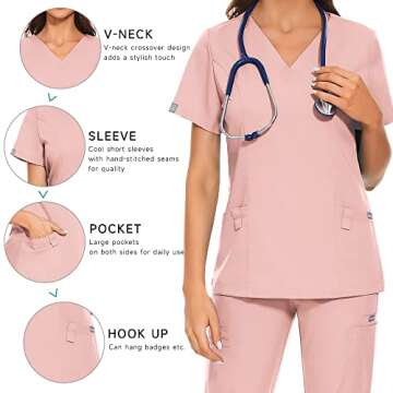 niaahinn Medical Uniform Scrub Set for Women Classic V-Neck Scrub Top with Pocket & Jogger Scrub Pants (Pink,M,Medium)