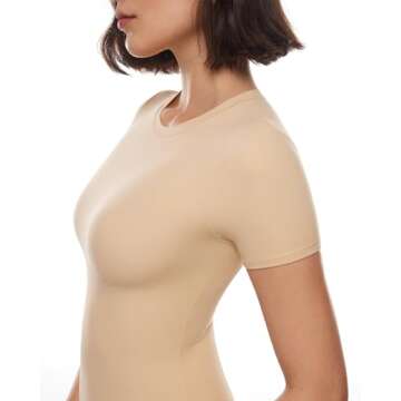 INLYRIC Women's Inbarely Short Sleeve Bodysuit Crew Neck Double Lined Casual Basic Summer Body suit Tops Light Oatmeal Medium
