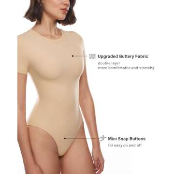 INLYRIC Women's Inbarely Short Sleeve Bodysuit Crew Neck Double Lined Casual Basic Summer Body suit Tops Light Oatmeal Medium