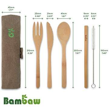 Bamboo Cutlery Set | Travel Cutlery Set | Eco Friendly Flatware Set | Knife, Fork, Spoon and Straw| Wooden Cutlery Set | Camping Cutlery Set with Travel Pouch | 7.9 Inch | Olive | Bambaw