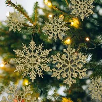 36pcs Christmas Gold Snowflake Ornaments Plastic Glitter Snow Flakes Ornaments for Winter Christmas Tree Decorations Size Varies Craft Snowflakes