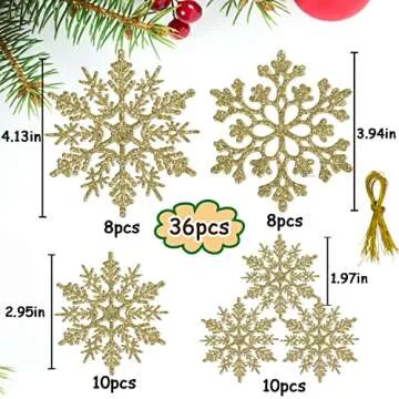 36pcs Christmas Gold Snowflake Ornaments Plastic Glitter Snow Flakes Ornaments for Winter Christmas Tree Decorations Size Varies Craft Snowflakes