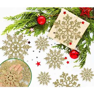36pcs Christmas Gold Snowflake Ornaments Plastic Glitter Snow Flakes Ornaments for Winter Christmas Tree Decorations Size Varies Craft Snowflakes