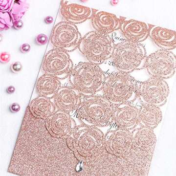 FEIYI 25PCS Laser Cut Invitations Cards Luxury Diamond Gloss Design With Pearl Paper Insert For Wedding, Bridal Shower, Engagement Birthday Graduation Invite (Rose Gold Glitter)