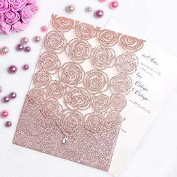 FEIYI 25PCS Laser Cut Invitations Cards Luxury Diamond Gloss Design With Pearl Paper Insert For Wedding, Bridal Shower, Engagement Birthday Graduation Invite (Rose Gold Glitter)