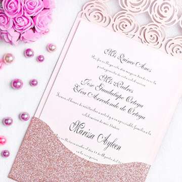 FEIYI 25PCS Laser Cut Invitations Cards Luxury Diamond Gloss Design With Pearl Paper Insert For Wedding, Bridal Shower, Engagement Birthday Graduation Invite (Rose Gold Glitter)