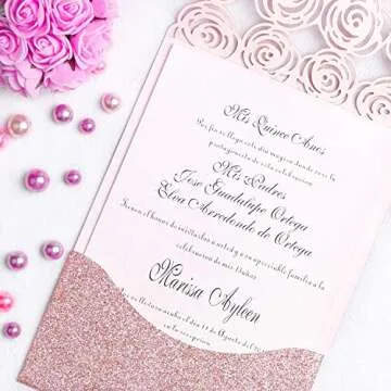 FEIYI 25PCS Laser Cut Invitations Cards Luxury Diamond Gloss Design With Pearl Paper Insert For Wedding, Bridal Shower, Engagement Birthday Graduation Invite (Rose Gold Glitter)