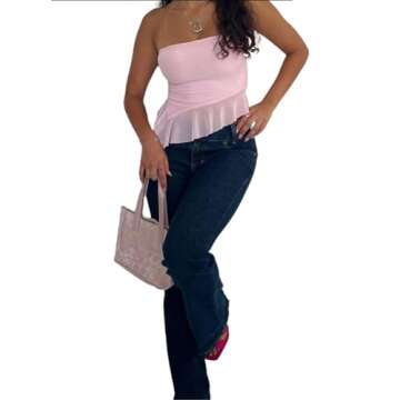 Remidoo Women's Ruffle Asymmetrical Hem Crop Tops Sexy Sheer Mesh Strapless Tube Top Pink Small