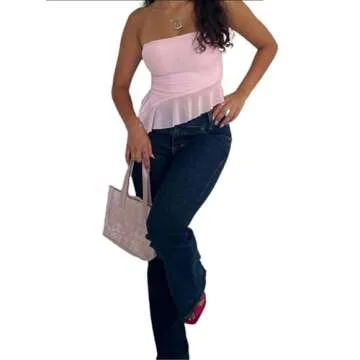 Remidoo Women's Ruffle Asymmetrical Hem Crop Tops Sexy Sheer Mesh Strapless Tube Top Pink Small