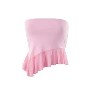 Remidoo Women's Ruffle Asymmetrical Hem Crop Tops Sexy Sheer Mesh Strapless Tube Top Pink Small
