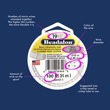 Beadalon 19 Strand Stainless Steel Bead Stringing Wire, .018 in / 0.46 mm, Bright, 100 ft / 31 m