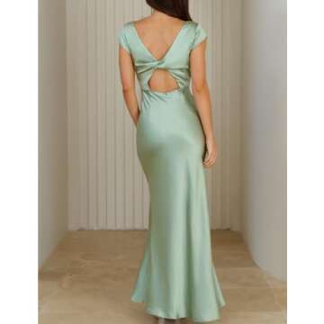 Halfisland Women’s Summer Satin V Neck Cap Sleeve Backless Maxi Dress – Elegant Twist Cut Out Mi...