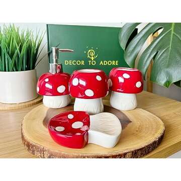 Bathroom Accessories Set 4 Pieces - Mushroom Decor - 100% Ceramic, Hand-Painted - Soap Dispenser, So...