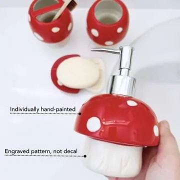 Bathroom Accessories Set 4 Pieces - Mushroom Decor - 100% Ceramic, Hand-Painted - Soap Dispenser, Soap Dish, Toothbrush Holders, Bathroom Tumbler - New Apartment Essentials