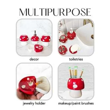 Bathroom Accessories Set 4 Pieces - Mushroom Decor - 100% Ceramic, Hand-Painted - Soap Dispenser, Soap Dish, Toothbrush Holders, Bathroom Tumbler - New Apartment Essentials