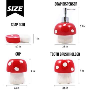 Bathroom Accessories Set 4 Pieces - Mushroom Decor - 100% Ceramic, Hand-Painted - Soap Dispenser, Soap Dish, Toothbrush Holders, Bathroom Tumbler - New Apartment Essentials