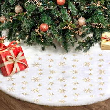 36 Inch Christmas Tree Skirt with Gold Sequin Snowflakes - Holiday Decor