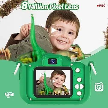 OUTUVAS Dinosaur Kids Camera for Boys, 12MP, 1080P HD Video, Rechargeable Battery, 32GB SD Card, Portable Lanyard, Educational Games, Green, 3-12 Years