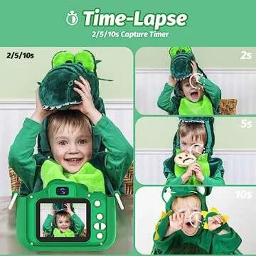 OUTUVAS Dinosaur Kids Camera for Boys, 12MP, 1080P HD Video, Rechargeable Battery, 32GB SD Card, Portable Lanyard, Educational Games, Green, 3-12 Years