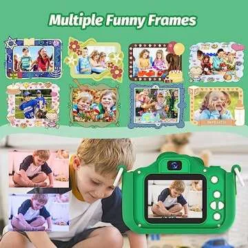 OUTUVAS Dinosaur Kids Camera for Boys, 12MP, 1080P HD Video, Rechargeable Battery, 32GB SD Card, Portable Lanyard, Educational Games, Green, 3-12 Years