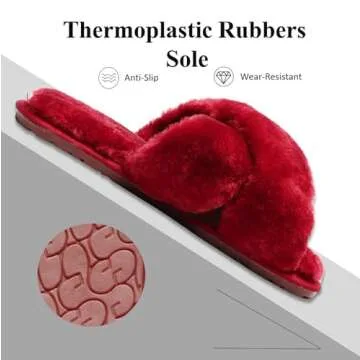 Crazy Lady Women's Fuzzy Fluffy House Slippers Cute Plush Memory Foam Shoes Cross Band Indoor Outdoor Open Toe Sandals(06/Wine Red, 7-8)