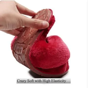 Crazy Lady Women's Fuzzy Fluffy House Slippers Cute Plush Memory Foam Shoes Cross Band Indoor Outdoor Open Toe Sandals(06/Wine Red, 7-8)