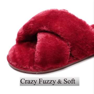 Crazy Lady Women's Fuzzy Fluffy House Slippers Cute Plush Memory Foam Shoes Cross Band Indoor Outdoor Open Toe Sandals(06/Wine Red, 7-8)