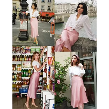 Zeagoo Women's Casual High Waist Satin Midi Skirt Pink