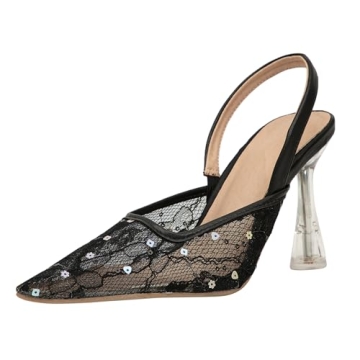 Getmorebeauty Women's Kitten Sequin Slingback Heels | Elegant Lace Pumps for Weddings