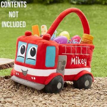 Personalization Universe Personalized Fire Truck Plush Easter Basket with Embroidered Name for Kids