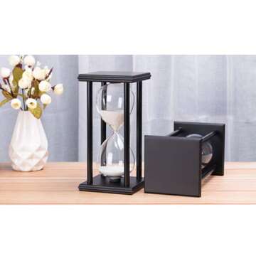 Hourglass 60 Minutes White Sand Timer, Black Wooden Frame Sandglass