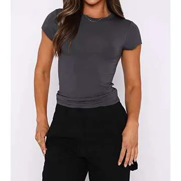 BAIGRAM AKLOPVII Women’s Basic Slim fit Crop Top Tee Shirt Short Sleeve Workout Round Neck Cropped Tshirt Dark Grey