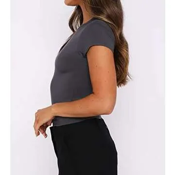 BAIGRAM AKLOPVII Women’s Basic Slim fit Crop Top Tee Shirt Short Sleeve Workout Round Neck Cropped Tshirt Dark Grey