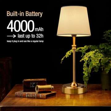 ONEWISH Cordless Lamp-Battery Operated Table lamp, 4000mAh Rechargeable, Stepless Dimmable, Small To...