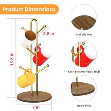 Buruis Mug Rack Tree, Decorative Flower Pattern Base Metal Mug Holder, Kitchen Coffee Mug Tree Count...