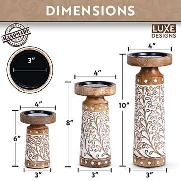 Rustic White Hand Carved Mango Wood Candle Holders Set of 3 - 6", 8", 10" for Home Decor