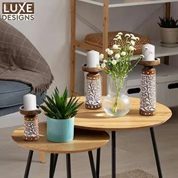 Hand Carved Mango Wood Pillar Candle Holders Set of 3