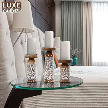 Hand Carved Mango Wood Pillar Candle Holders Set of 3