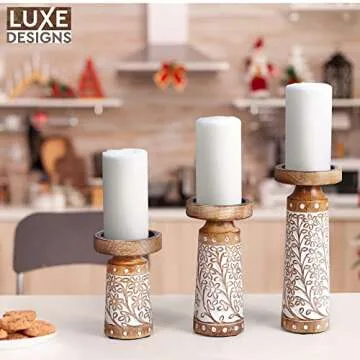 Hand Carved Mango Wood Pillar Candle Holders Set of 3