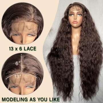 SOKU 13x6 Lace Frontal Water Wave Wigs with Baby Hair Natural Brown 34 Inches Long Heat Resistant Sy...