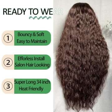 SOKU 13x6 Lace Frontal Water Wave Wigs with Baby Hair Natural Brown 34 Inches Long Heat Resistant Synthetic Hair Pre-plucked Free Part Transparent Swiss Lace Front Wavy Wigs for Women