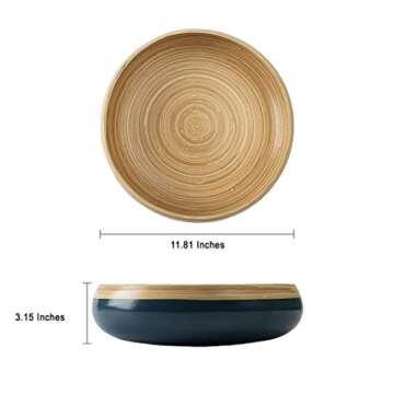 Kiwi Homie 11.81" Spun Bamboo Fruit Bowl, Bamboo Salad Bowl, Modern Large Serving Bowl, Decorative B...