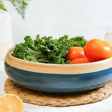 Kiwi Homie 11.81" Spun Bamboo Fruit Bowl, Bamboo Salad Bowl, Modern Large Serving Bowl, Decorative Bowl for Kitchen, Party, BBQs, Natural Handicrafted Bamboo Bowl (Blue)