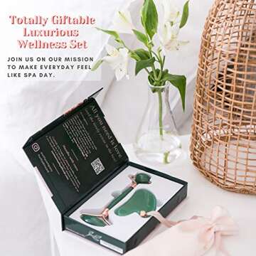 WITTY Jade Face Roller and Gua Sha Set in Hand-Drawn Giftbox - Gua Sha Stone, Face Massager Roller, Beauty Massage Face Scraper Tools - Guasha Tool for Face Roller Skin Care, Eyes, Neck - Extra Pouch