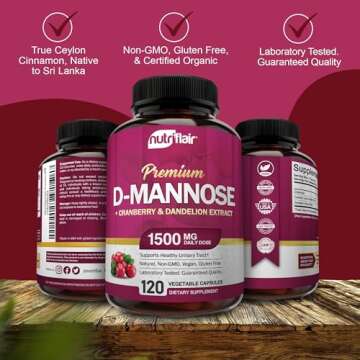 NutriFlair D-Mannose 1200mg, 120 Capsules - with Cranberry and Dandelion Extract - Natural Urinary Tract Health UTI Support - Best D Mannose Powder - Flush Impurities, Detox Body, for Women and Men