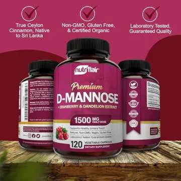 NutriFlair D-Mannose 1200mg, 120 Capsules - with Cranberry and Dandelion Extract - Natural Urinary Tract Health UTI Support - Best D Mannose Powder - Flush Impurities, Detox Body, for Women and Men