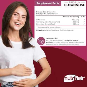 NutriFlair D-Mannose 1200mg, 120 Capsules - with Cranberry and Dandelion Extract - Natural Urinary Tract Health UTI Support - Best D Mannose Powder - Flush Impurities, Detox Body, for Women and Men