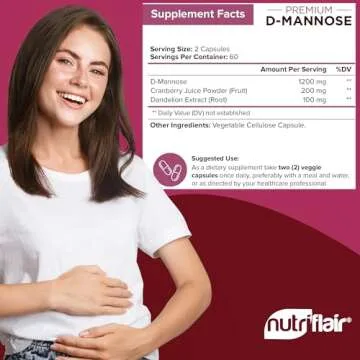 NutriFlair D-Mannose 1200mg, 120 Capsules - with Cranberry and Dandelion Extract - Natural Urinary Tract Health UTI Support - Best D Mannose Powder - Flush Impurities, Detox Body, for Women and Men